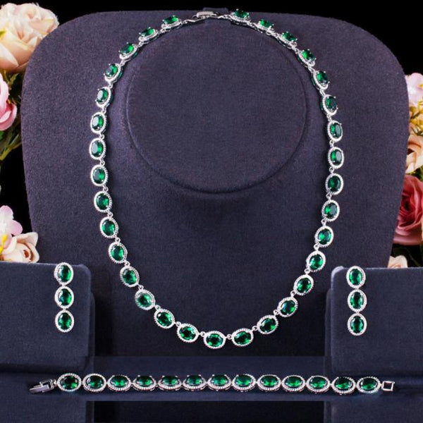 Luxury Green Cubic Zirconia Necklace Earring Bracelets Party Jewelry Set