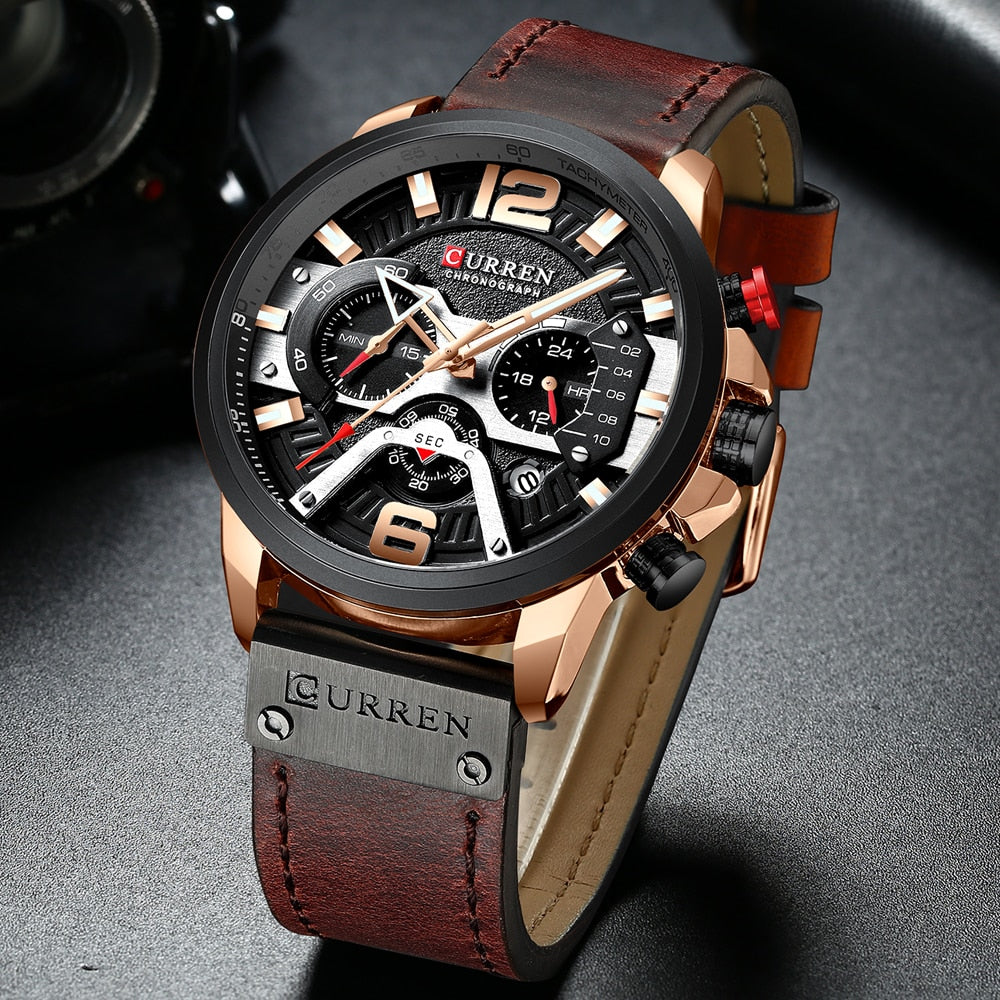 Luxury Leather Watch For Men Waterproof Quartz Clock  Sport Chronograph