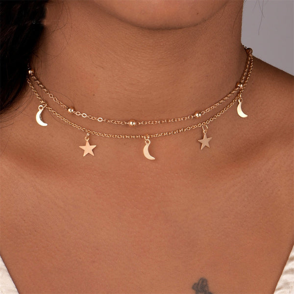 Crescent Double Chain Choker Necklaces