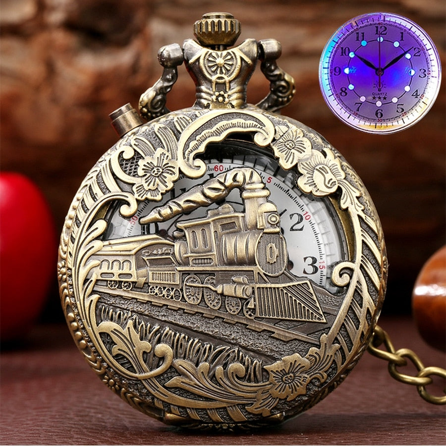 Luminous LED Light  Bronze Train Locomotive Engine Quartz Pocket Watch