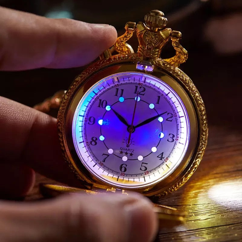 Luminous LED Light  Bronze Train Locomotive Engine Quartz Pocket Watch