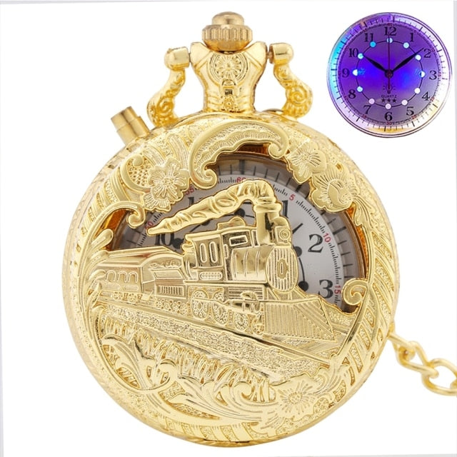 Luminous LED Light  Bronze Train Locomotive Engine Quartz Pocket Watch