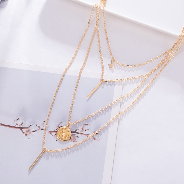 Women Multilayer Chain Crystal Moon Pendants