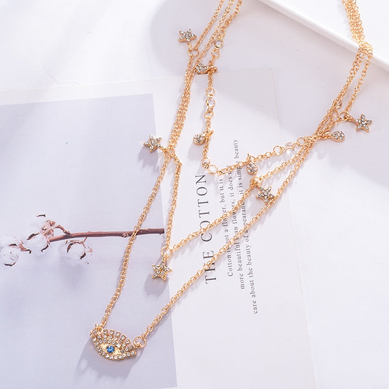 Women Multilayer Chain Crystal Moon Pendants