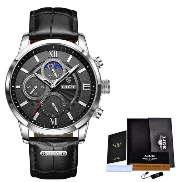 24Hour Moon Phase Men Watch Sport Waterproof Quartz Chronograph+Box