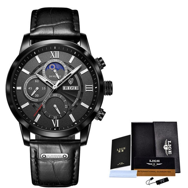 24Hour Moon Phase Men Watch Sport Waterproof Quartz Chronograph+Box