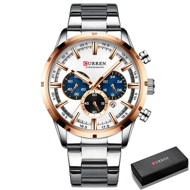 Luxury Fashion Mens Watches Stainless Steel Chronograph Quartz Watch