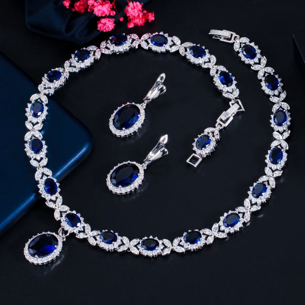 Zircons White Gold Color Cubic Zirconia Leaf Drop Blue Big  Jewelry Set