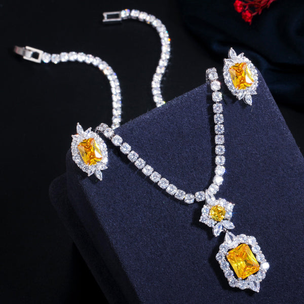 Trendy Sparkling Yellow Square Cubic Zirconia Crystal Necklace Earrings Sets