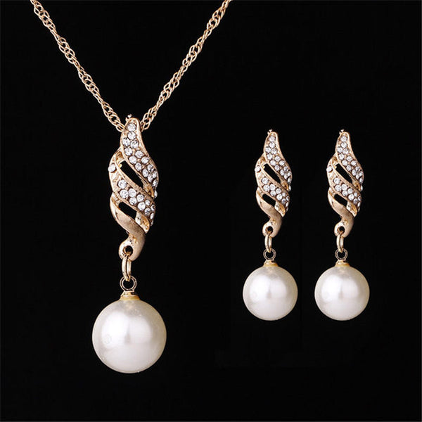 Gold rhinestone Pearls Set Bridal Wedding jewelry sets for women