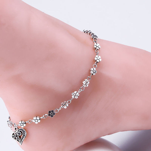 Flower Heart  Silver Plated Chain Anklet Bracelet