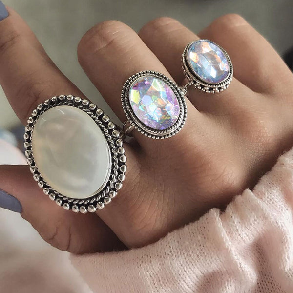 Women Boho Vintage Silver Color Big Stone Ring Set