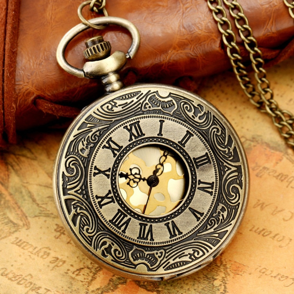 Retro Bronze Hollow Flip Quartz Pocket Watch