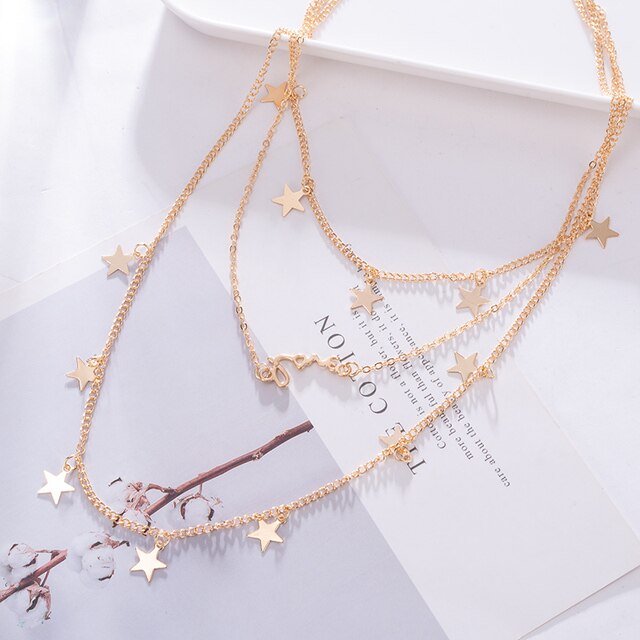 Women Multilayer Chain Crystal Moon Pendants