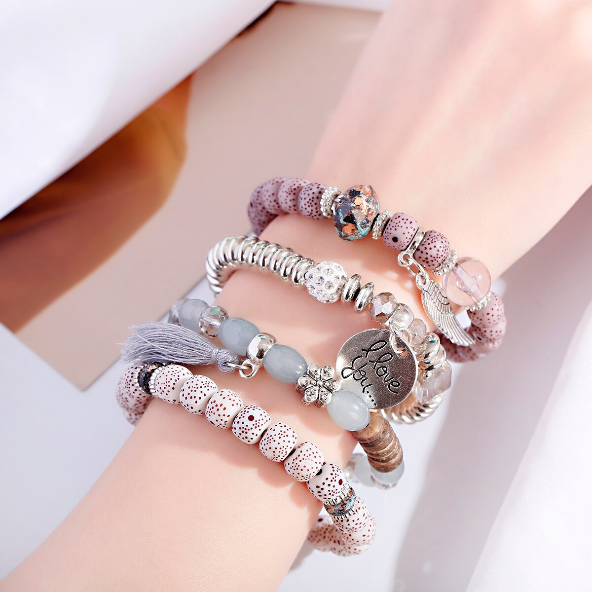 Tassel Beaded Pendant Wing Round Bracelets