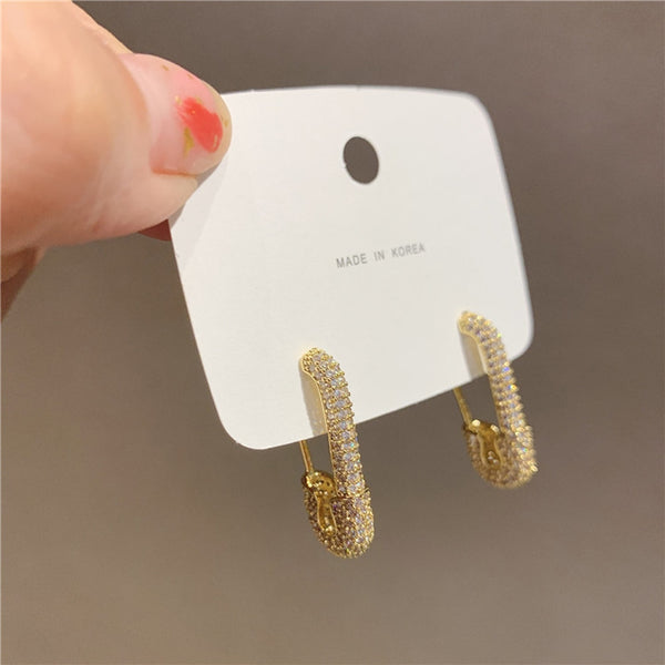 Punk Gold Rhinestone Safety Pin Stud Earrings