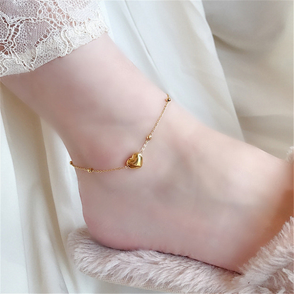 Gold Color Fixed Non-slip Beaded Love Heart Chains Anklets For Women