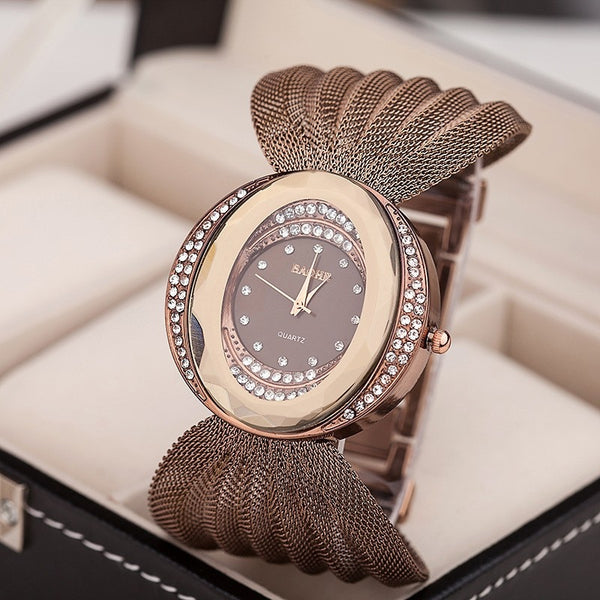 Mesh Band Women Watch Fashion Oval Gold Bracelet Alloy Quartz Watch