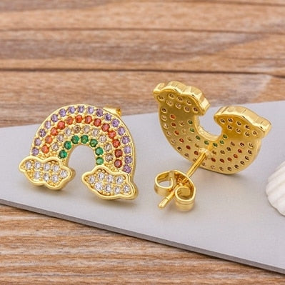 Rainbow Cross Stud Earrings Gold Color Micro Pave CZ Delicate Stud Earrings