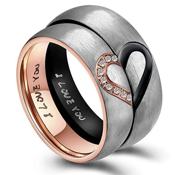 Rose Gold/Black Color Heart Couple Rings Stainless Steel Couples Lovers Love Promise Ring