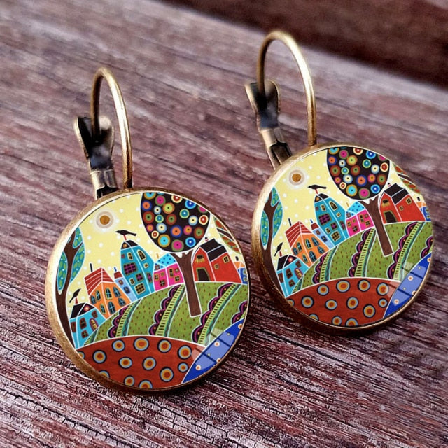 Colorful House and Tree Women Stud Earring