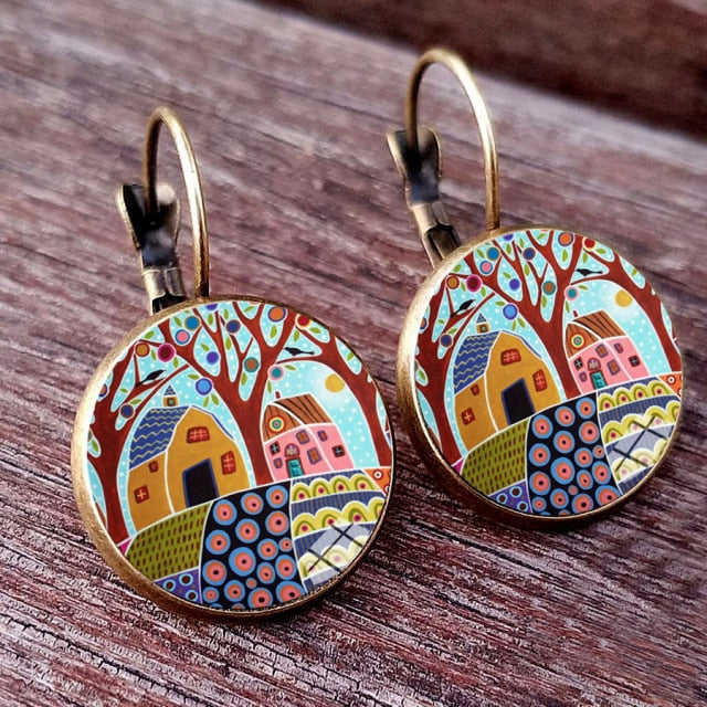 Colorful House and Tree Women Stud Earring