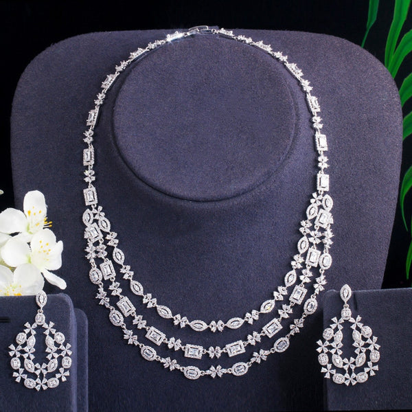 Luxury Bridal Three Layers Big Necklace Earring Wedding Jewelry Set