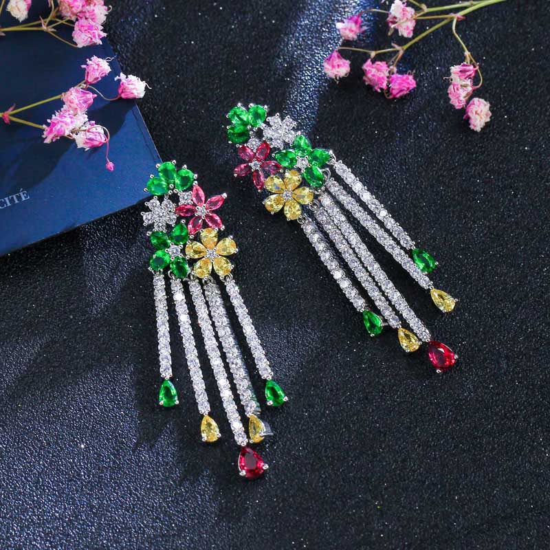 Luxury Silver Colour Multicolor Cubic Zirconia Long Dangle Earrings For Girl