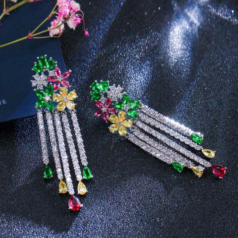 Luxury Silver Colour Multicolor Cubic Zirconia Long Dangle Earrings For Girl