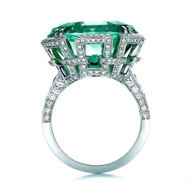 Luxury Bright Round Ring Green Stone  Charm Silver Color Rings