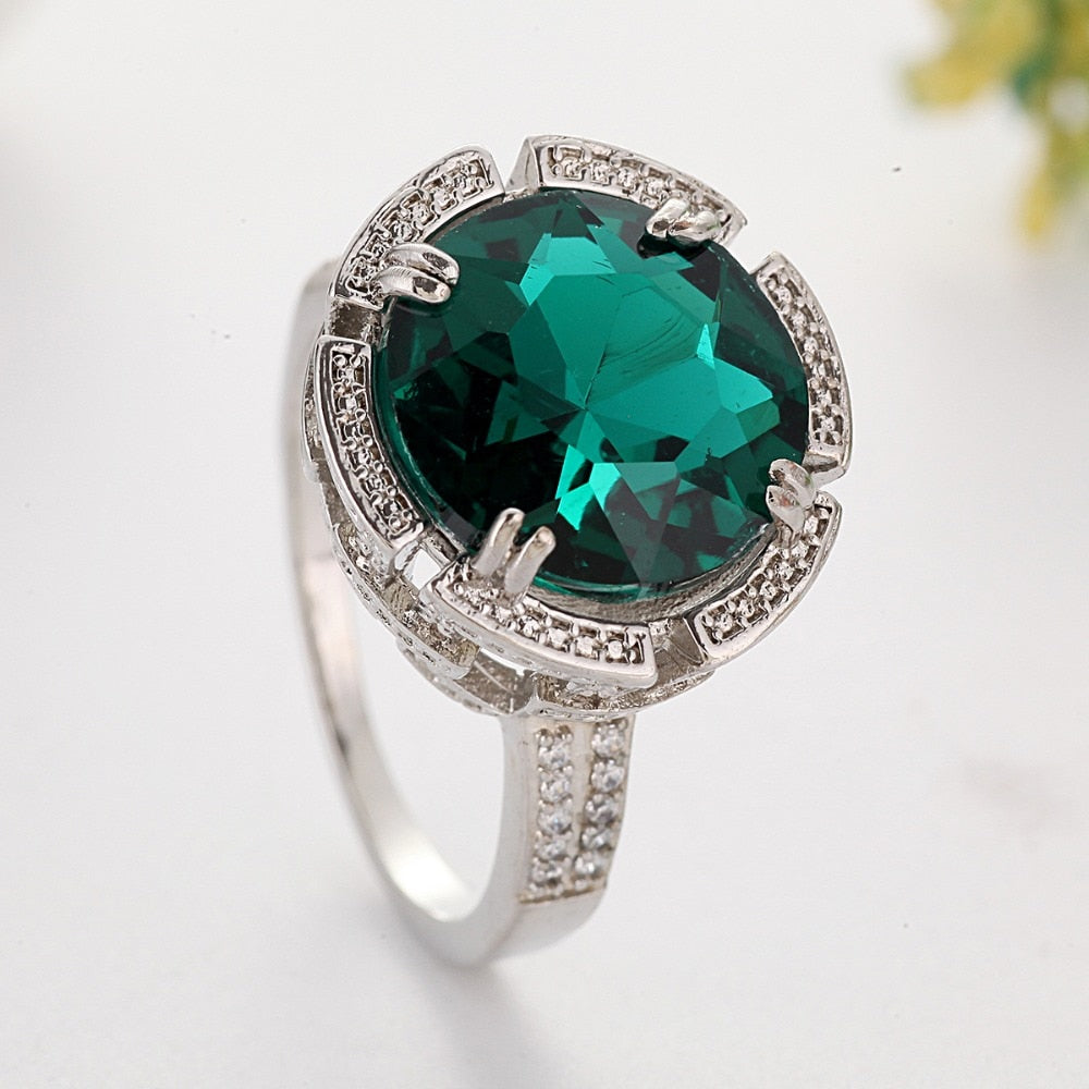 Luxury Bright Round Ring Green Stone  Charm Silver Color Rings