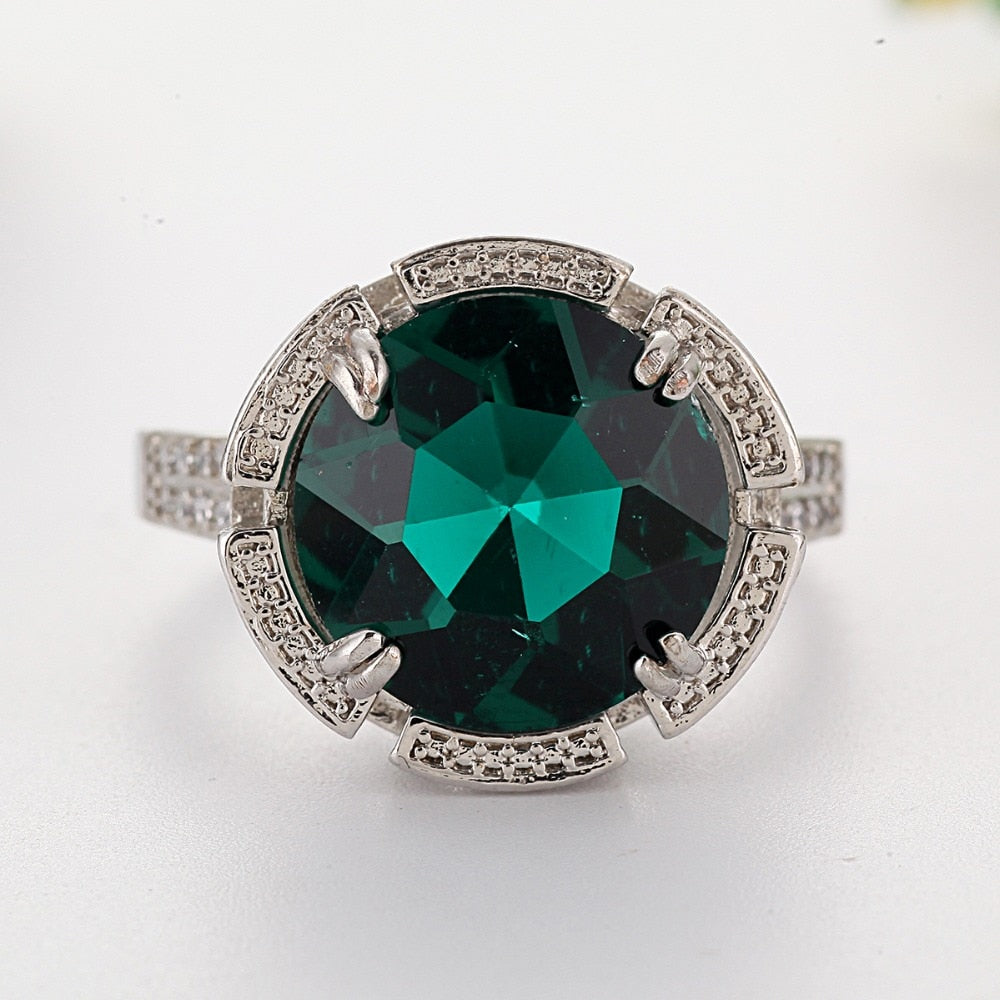 Luxury Bright Round Ring Green Stone  Charm Silver Color Rings