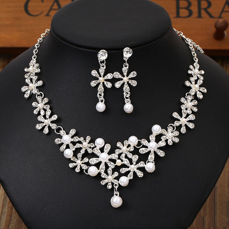 Pearl Tiara Necklace Earrings Sets