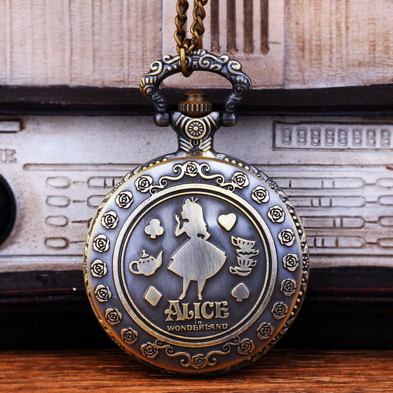 Retro Alice in Wonderland Theme Bronze Quartz Pocket Watches