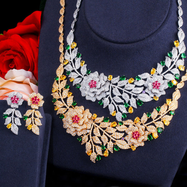 Zirconia Big Rose Flower  Necklace Earring Luxury Bridal Jewelry Set