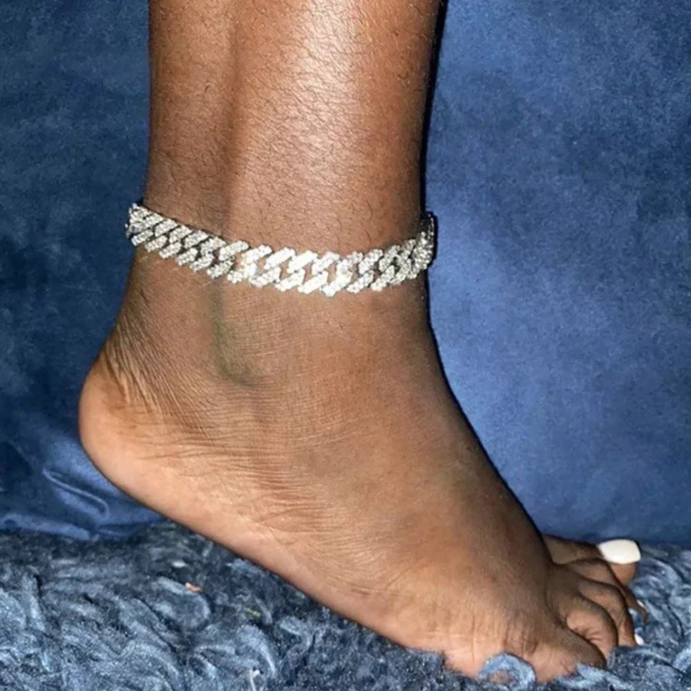 12mm Gold Silver Color Cuban Anklet Rhinestone Alloy Chunky Anklets