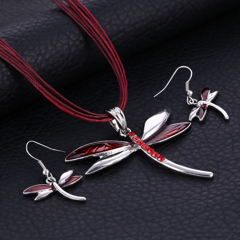 Enamel Dragonfly Pendant Necklace Earrings Sets