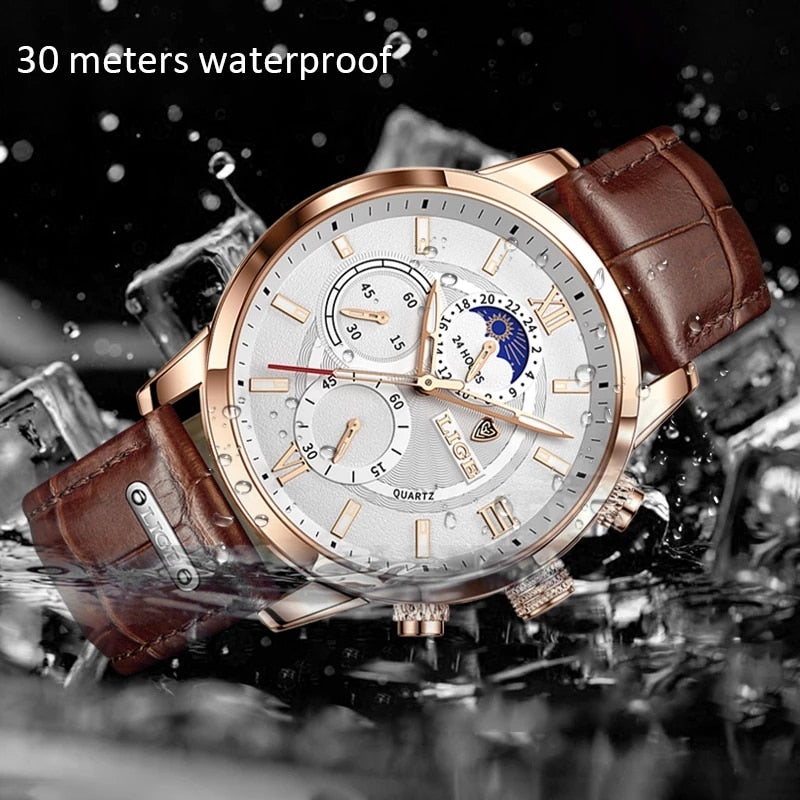 24Hour Moon Phase Men Watch Sport Waterproof Quartz Chronograph+Box