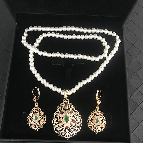 Moroccan water-drop golden pendent caftan pearl long chain necklace Jewelry Sets