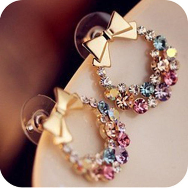 Colorful Rhinestone Imitation Pearl Butterfly Bow Stud Earrings