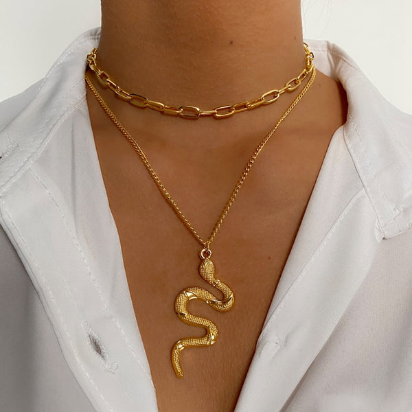 Punk Gold Layered Chain Snake Pendant Choker Necklace