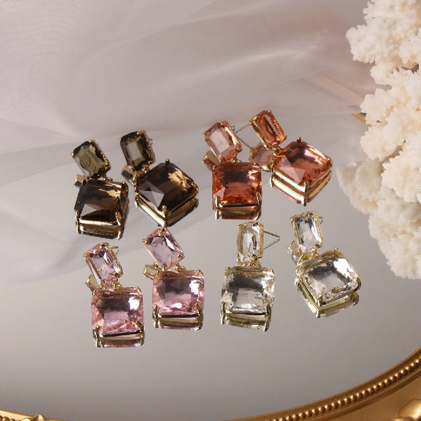 fashion jewelry double square crystal earrings