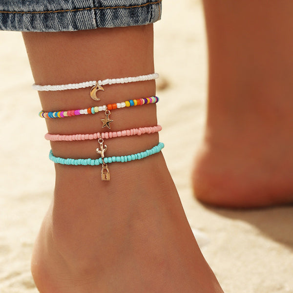 4PCS/SET Bohemian Color Multilayer Anklet Women