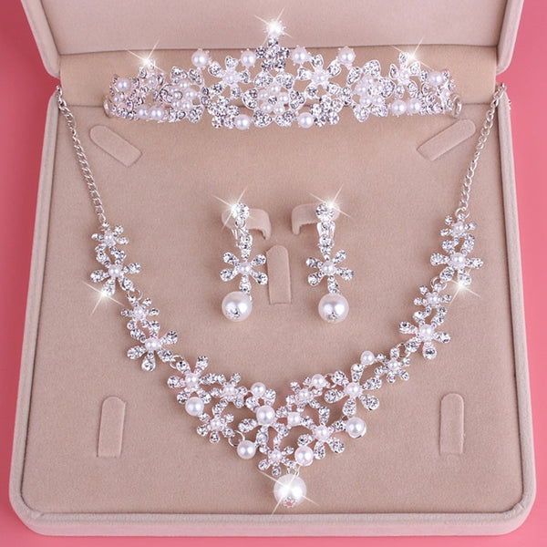 Wedding Bride Jewelry Sets Pearl Tiara Necklace Earrings Sets