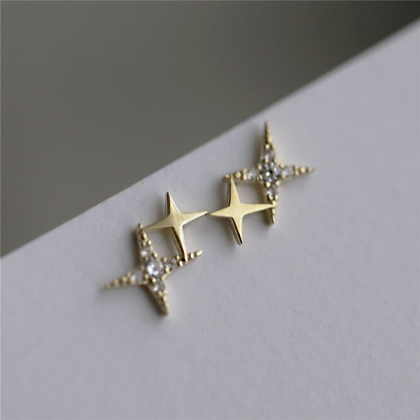 Micro Inlaid Crystal Four-Pointed Star Plating 14k Gold Earrings