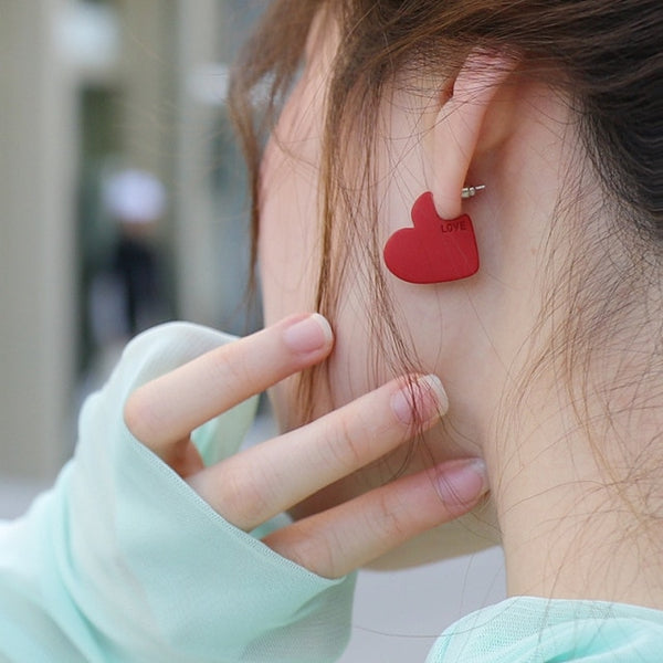 Korean TV Star Metal Elegant Red Love Heart Stud Earrings