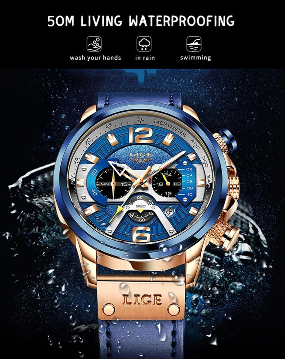 Luxury Blue Leather Chronograph Sport Watch For Men