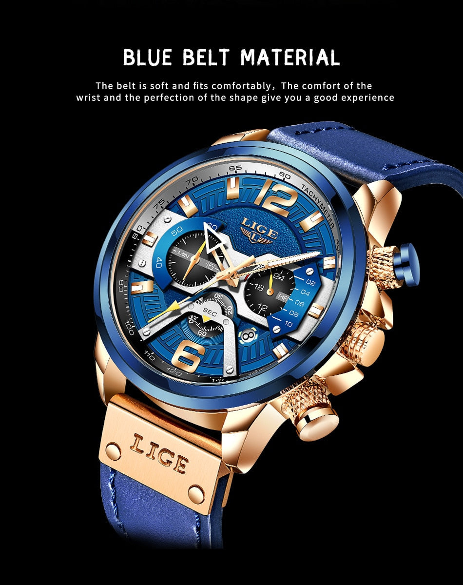 Luxury Blue Leather Chronograph Sport Watch For Men