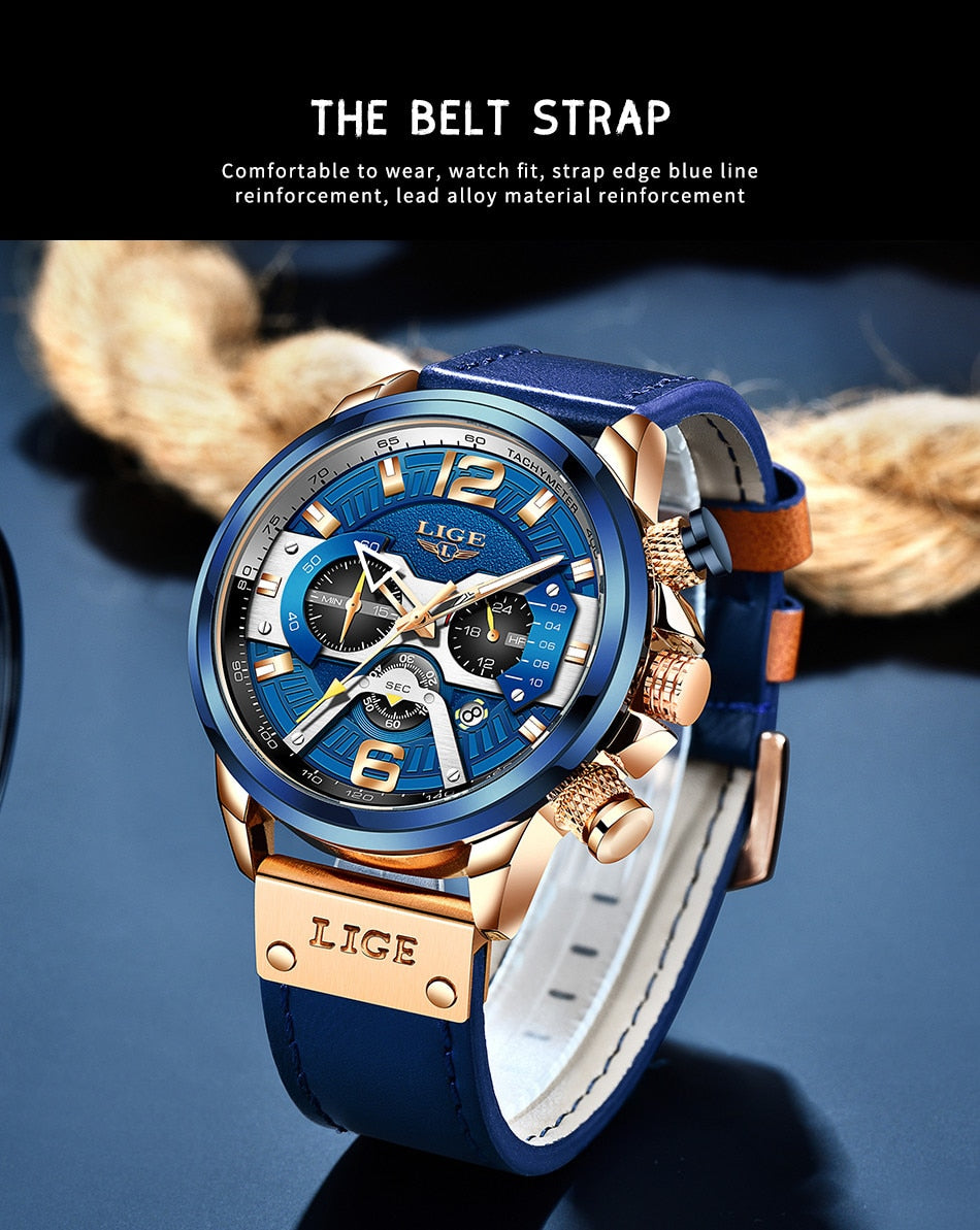 Luxury Blue Leather Chronograph Sport Watch For Men