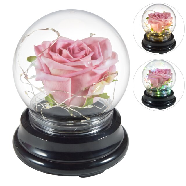 2 LED Mode Lighte Eternal Rose Preserved Flower In Glass Dome  Mothers Day Birthday Gift